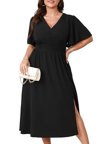 SHESTARR Plus Size Womens Dresses Wedding Guest Elegant V Neck Short Sleeve Flowy A-Line Split Cocktail Evening Maxi Dress Black