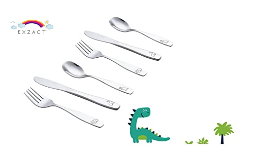 Exzact Children's Cutlery Stainless Steel 6pcs Set/Kids Cutlery/Toddler - Dishwasher Safe - 2 x Forks, 2 x Safe Dinner Knives, 2 x Table Spoons - Engraved Design - Dinosaurs
