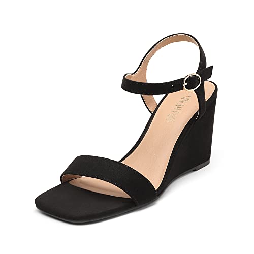 DREAM PAIRS Women’s Casual Dressy Wedge Sandals Cute Square Toe and Buckle Ankle Strappy Slingback Wedding Shoes 9 Black/Suede