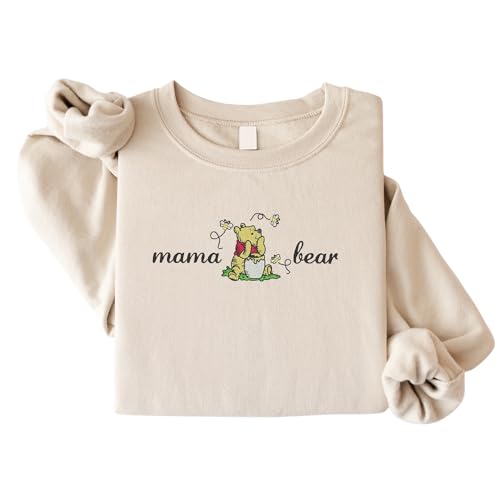 Mama Bear Embroidered Sweatshirt for Women Long Sleeve Crewneck Soft Cozy Womens Pullover Sweatshirt Holiday Sweatshirts For Women Gift for Mothers Day Baby Shower Mama Gifts (S-Mama Bear)