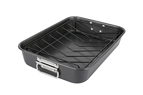 ROYAL CUISINE Deep Roasting Tin with Rack, Non Stick Baking Tray Carbon Steel Roaster with Handles. (Roasting Tray with Rack)