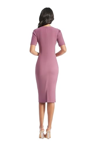 Image of Dress the Population Women's Ruth Short Puff Sleeves Asymmetrical Neckline Bodycon Midi Dress