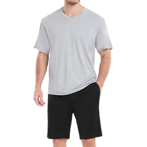 Chic Defend Schlafanzug Herren Kurz Pyjama Set Modal Weich Zweiteilig Kurzarm V-Ausschnitt T-Shirt & Shorty Schlafanzughose Sommer Loungewear für Männer Sleepwear mit Taschen, Grau + Schwarz, XXL