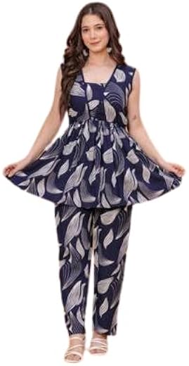 GULVASTRA Jaipur Women’s Rayon Printed Sleeveless Peplum Top with Pajama Set | Square Neck | Comfortable Co-Ord Set for Ca...