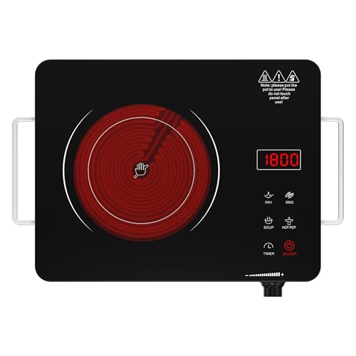 Portable Electric Cooktop 110V, 1800W Electric Stove Infrared Hot Plate with Knob Control, Nafewin Single Burner Countertop Burner with Handle, 4-Hours Timing Setting, Compatible for All Cookwares