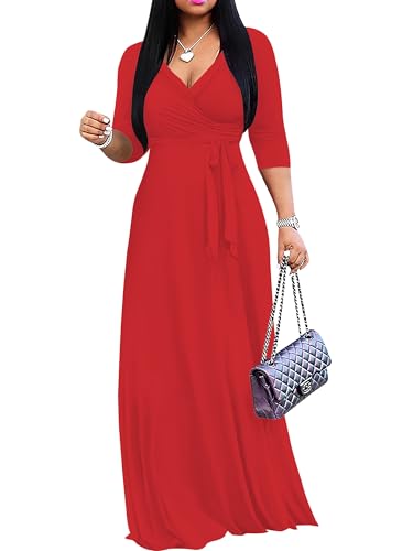Image of PinkPatty Women's Plus Size Maxi Dresses Casual Flowy 3 /4 Sleeves Dress Printed Vacation Dress for Daily Wear with Belt