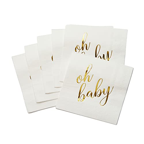 100 Pcs "Oh Baby" White Napkins - 3-Ply White And Gold Cocktail Napkins Baby Shower Party Supplies - Eco-Friendly Party Napkins For Dessert Beverage & Table Decorations #TOP4