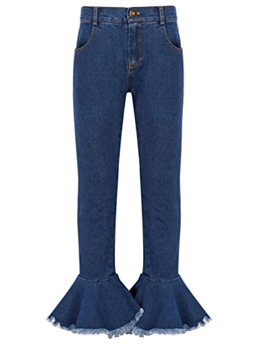 Linjinx Kids Girls Elastic Waist Cool Bell Bottom Jeans Washed Ruffle Hem Flare Denim Pants Baggy Trousers