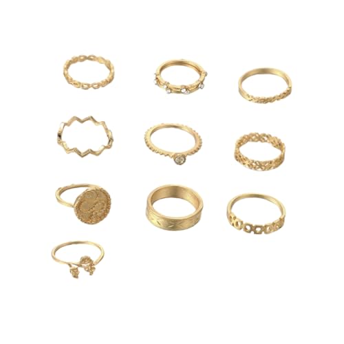 LIFKOME 10pcs Fashionable Rhinestone Ring Set for Women Chunky Gold Cz Wedding Ring Beautiful Flower