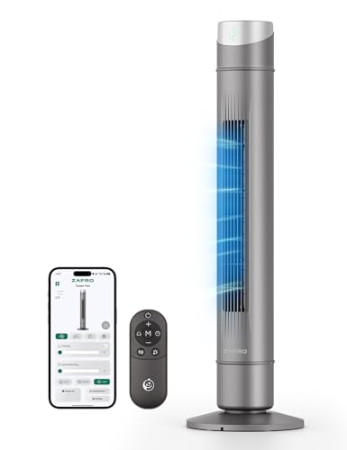 Image of ZAFRO Smart Tower Fan for Bedroom,120 Oscillating Fans that Blow Cold Air | 28ft /s High-Speed 12 Speeds 4 Modes Upgraded DC 22dB Ultra Quiet,App /Voice Control,Standing Fan with 12H Timer,42Inch,Grey