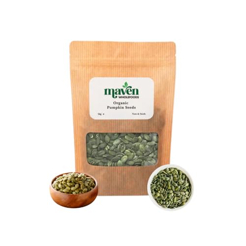 Maven wholefoods Organic Pumpkin Seeds 1kg | 100% Organic Product | Raw | GMO Free | High Fibre | High Protein | Certified Organic | Suitable for Vegetarian | Packed Fresh in Resealable Bags