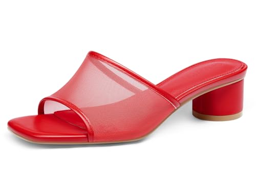 Coutgo Womens Slide Sandals Mesh Chunky Heels Mules Square Open Toe Slip On Summer Dress Shoes, Red, size 8