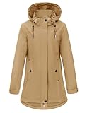 heekpek Abrigo Entretiempo Mujer Largo Elegante Abrigo Primavera Ligero Chaqueta Parka Cortavientos Exteriores Chaqueta Softshell con Capucha y Cordón para Primavera Otoño(Caqui, XXL)
