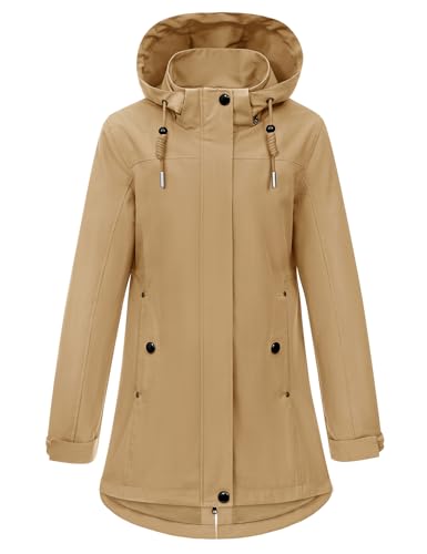 CMTOP Chaqueta Mujer Entretiempo Softshell Impermeable, Chaquetas Mujer Larga Cortavientos con Capucha Desmontable, Parka Abrigo Ligera con Bolsillos para Primavera y Otoño(caqui,L)