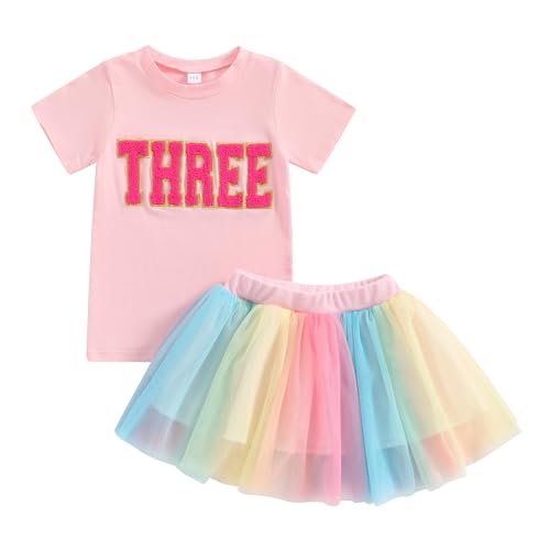 Image of Toddler Girl Birthday Outfit 2 /3 /4 /5 /6 Print Short Sleeve Shirt 2nd /3rd /4th /5th /6th Tutu Skirt Summer Clothes