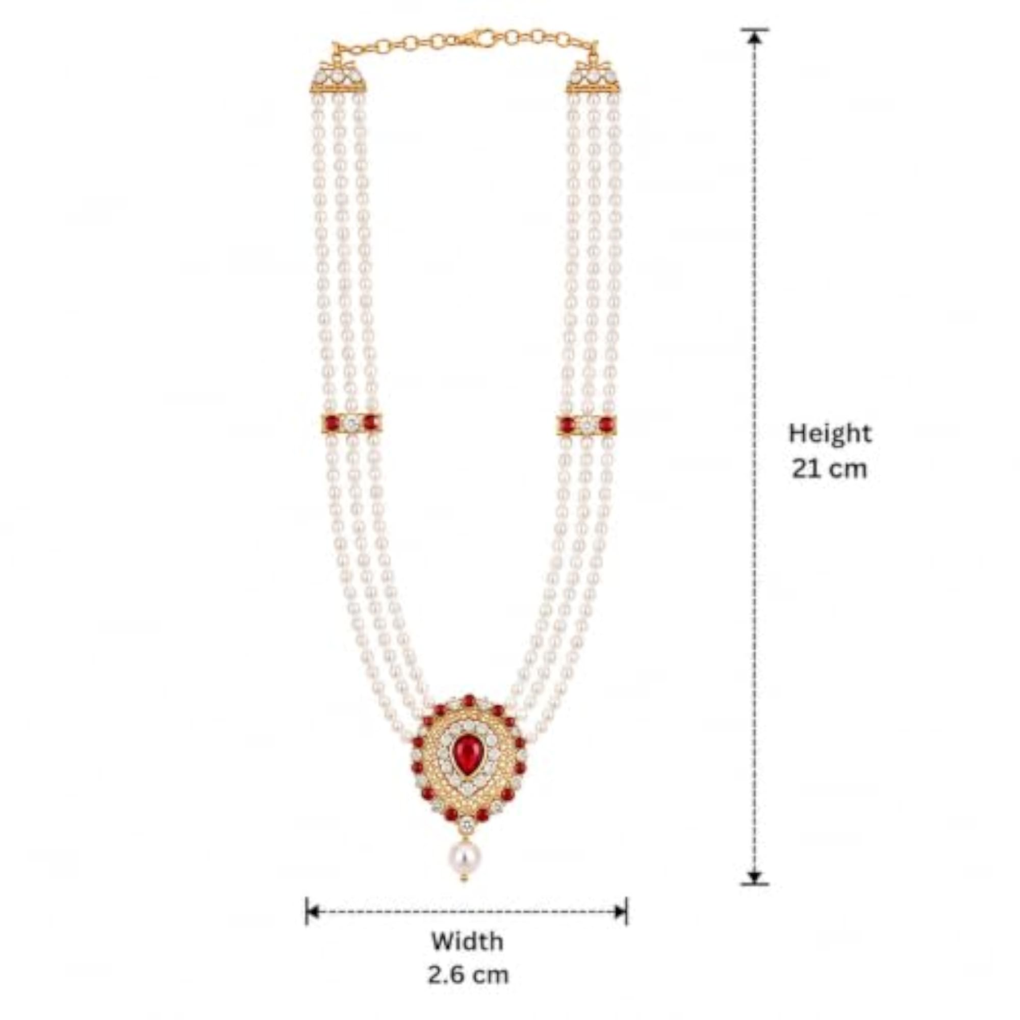 Three Layer Pearl Mala Necklace with Red Stone Drop Pendant