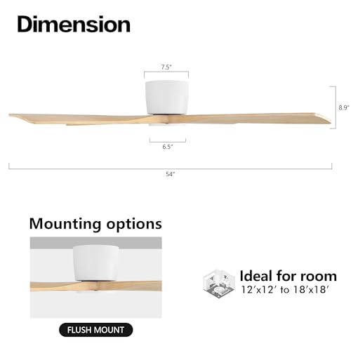 WINGBO 54 Inch Flush Mount DC Ceiling Fan without Lights, 4 Reversible Carved Wood Blades, 6-Speed Noiseless DC Motor, Hugger Ceiling Fan No Lights in White Finish with Oak Blades, ETL Listed by WINGBO - Image 2