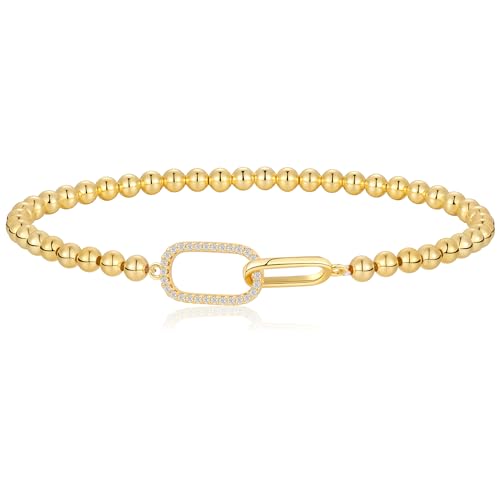 Pancert Gold Beads Bracelets for Women 14K Gold Plated Stretch Bracelets Stackable Newton Bracelets Gold Charm Paperclip CZ Jewerly Cute Stocking Stuffers for Women Trendy