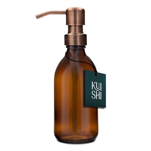 Kuishi Garrafa de vidro âmbar com bomba de aço inoxidável [250 ml, bomba de bronze], âmbar garrafas de vidro castanho recarregáveis ideal para lavagem à mão, champô, condicionador (sem BPA)