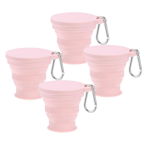 M METERXITY 4 Pack Collapsible Travel Cup, 6oz(180ml) Silicone Portable Foldable Water Cup Bottle with Spring Buckle for Travel/Camping/Hiking, Reusable [Pink]