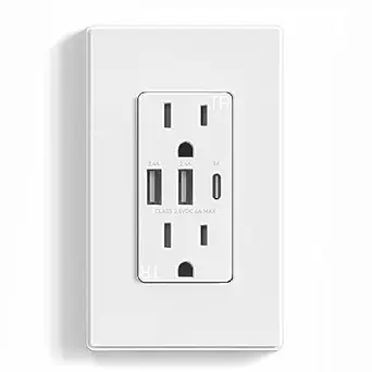 ELEGRP USB Outlets Receptacles, 3-Port Wall Outlet, 30W 6.0A Electrical Outlet, 15 Amp Tamper-Resistant Outlet with Type C Ports, UL Listed, Wall Plate Included, 1 Pack, Matte White