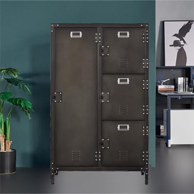 Image of Metal Locker Storage Cabinet, 55 inch Employees Locker with 4 Doors, Steel Retro Wardrobe with Adjustable Feet for Home, Office, Gym, School