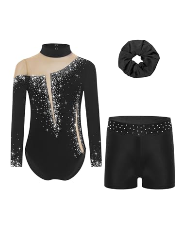 Lejafay Maillot De Gymnastique Rythmique Avec Bandeau Pour Fille À Manches Longues Avec Short Mono Brillant De Danse Coloré Costume Danseuse Ballet 516 Ans Un Noir 13-14 ans