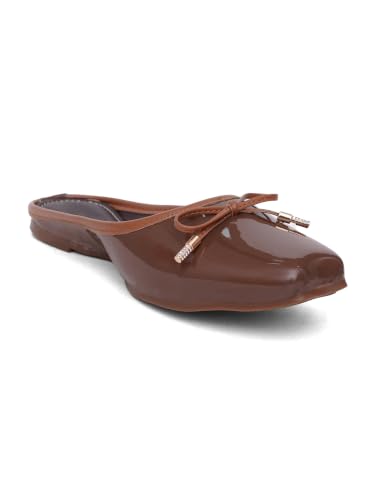 Image of TRYME Elegant Women's Glossy Patent Slip-On Mules with Bow Detail | Comfortable Flat Sandals for Office, Casual & Daily Wear