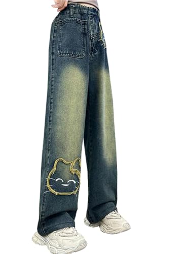 Girls Cute Cat Embroidery Jeans Kids Elastic Waist Baggy Wide Leg Distressed Denim Pants4