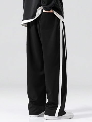 Image of GRECIILOOKS Men's Wide Leg Track Pants with Contrast Side Panel, Relaxed Drawstring Fit Streetwear Trousers, Poly Blend Casual Joggers