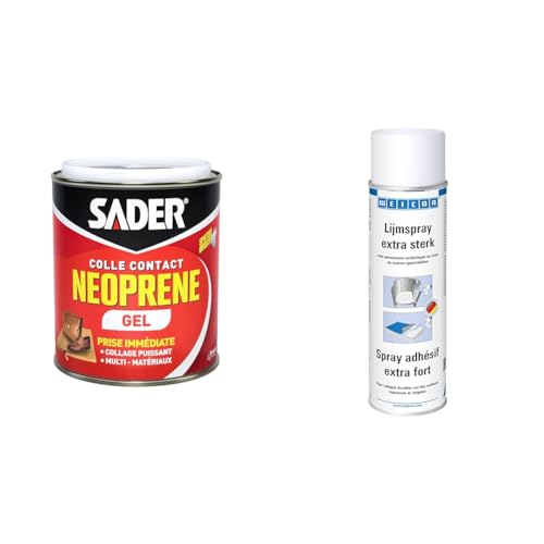 Sader Colle Contact Néoprène Gel Boîte 750 ml & WEICON Spray Adhésif Extra Fort 500 ml/Adhésif universel/Pouvoir adhésif élevé