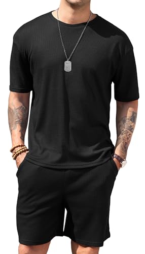 Vssjavun Mens Short Sets 2 Pieces Outfits Waffle Knit Lounge Set Short Sleeve Summer Casual Tracksuit