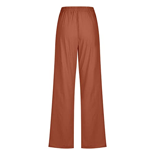 Image of Linen Pants Women High Waisted Drawstring Casual Pant Cotton Linen Straight Leg Lounge Trousers with Side Pockets