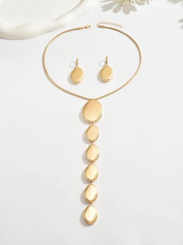 JWIGP Statement Necklace and Earrings Set – 2PCS Gold Silver Chunky Geometric Pendant Jewelry with Snake Chain, Asymmetrical Ellipse Y-Necklace Metallic Fashion Jewelry for Women (Gold)