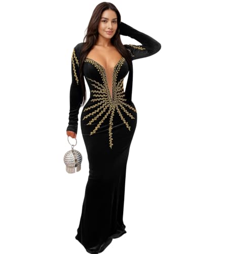 Image of PORRCEY Women's Sexy Rhinestone Lace Sheer Mesh Formal Evening Dress