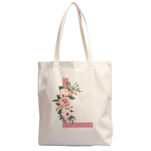 YOFEIJIN Pink Flowers Rose Gold Glitter Letter L Aesthetic Canvas Tote Bag Floral Alphabet Reusable Shopping Bag for Women Work Gym Beach Travel