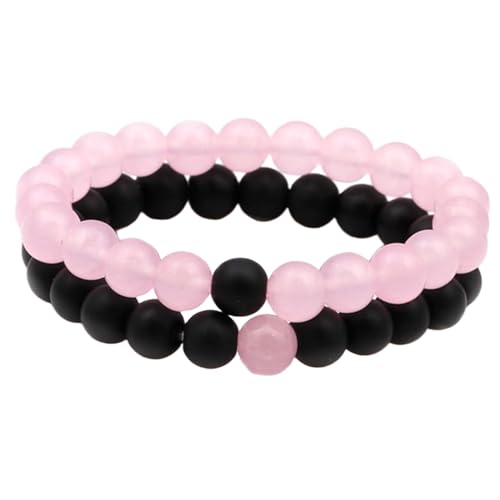 Bracelets couples quartz rose et onyx noir 8 mm, le cadeau idéal amitié FIZA_CPL_270