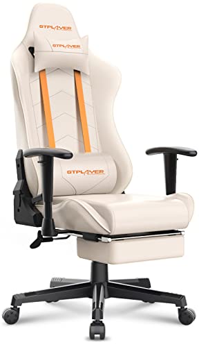 GTPLAYER Chaise Gaming Fauteuil Gamer Repose-Pieds Rétractable Siège Ergonomique Fonction Berçante Réglable en Hauteur (Ivoire) Cover
