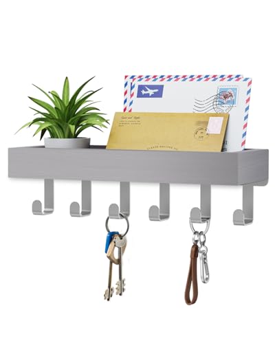 Image of Key Holder Wall Mount Magnetic Adhesive - Key Hooks Rack with shelf | Key Hanger with Mail Organizer for RV Camper Fridge Living Room Decor, Home Essentials, Grey