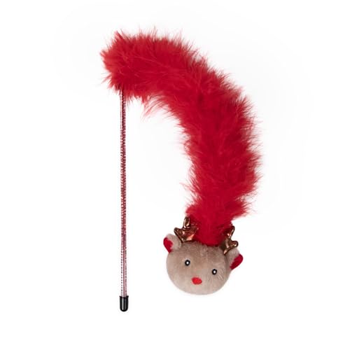 Rosewood Roxy Reindeer Cat Teaser Wand – Festive Catnip Toy with Feather Boa & Sparkly Tinsel Stick – Interactive Christmas Play for Cats & Kittens – Chase, Jump & Swat Holiday Cat Toy
