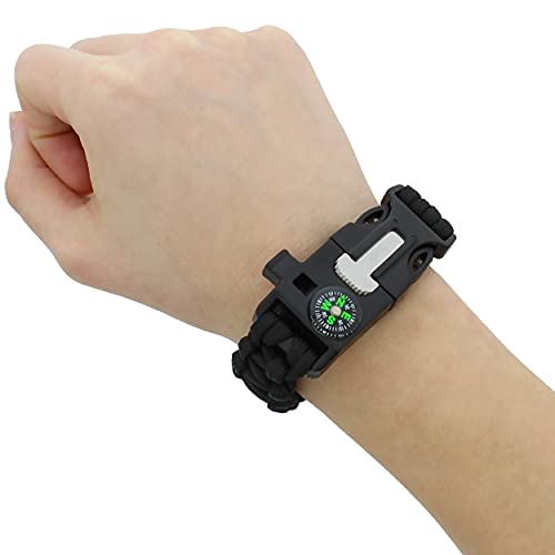 Sds Survival Paracord Bracelet - 2Pk Black Emergency Whistle Hiking Compass Camping Fire Starter Kit Tactical Bracelet #TOP2
