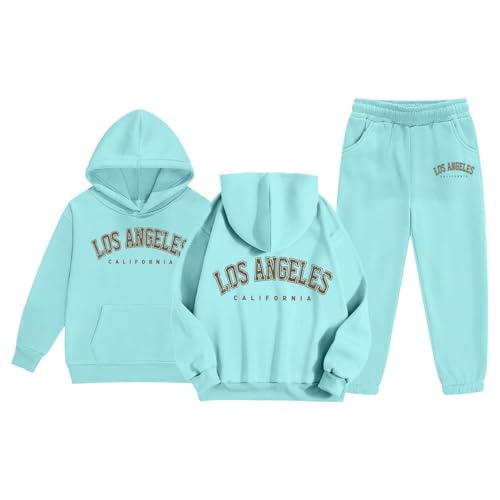 Childrens Casual Outfit Set Hooded Long Sleeve Sweatshirt and Pants Athletic Wear Two Piece Ensemble (Blue, 8-9 Years)