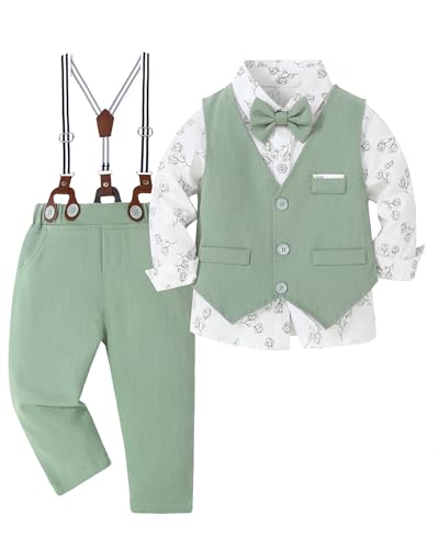 Image of ZOEREA Toddler Boy Suit Formal Wedding Outfits Gentleman Clothes Long Sleeve Shirt + Suspender Pants + Bowtie