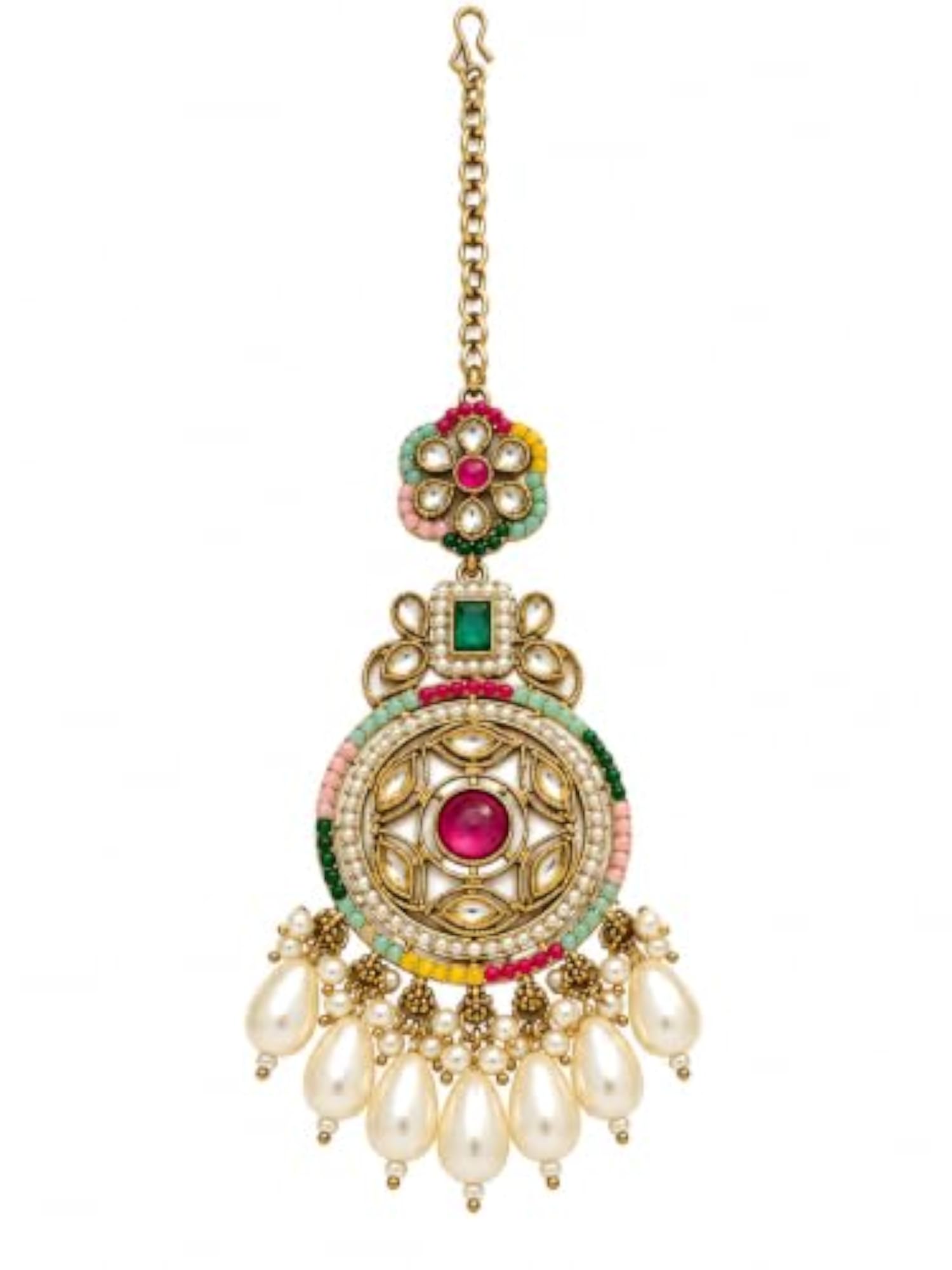Multicolor Kundan Floral Pearl Maang Tikka
