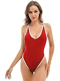 Aiihoo Damen Einteiler Badeanzug Spaghetti Strap Bademode Aushöhlen Body mit Schnürung Seite High Cut Stringbody Tanga Bikini Swimwear Rot B Einheitsgröße