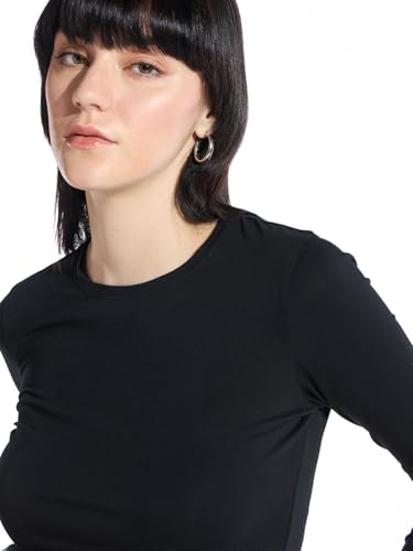 Image of Bewakoof Women's Solid Slim Fit Full Sleeve Round Neck Cotton Lycra Blend Top