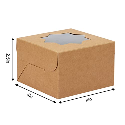 Moretoes 50Pcs 4X4X2.5 Inches Brown Bakery Boxes With Window Cookie Boxes Kraft Paper Treat Boxes For Pastries, Small Cakes Box #TOP1