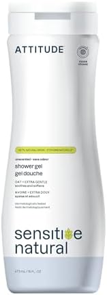 ATTITUDE Body Wash for Sensitive Skin with Oat, EWG Verified, Dermatologically Tested, Vegan, Extra Gentle, Unscented, 16 Fl Oz
