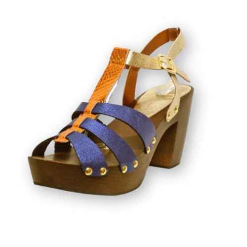 Sabot patin talon haut LOUNA sandale bleu métallisé femme