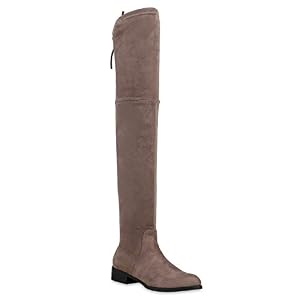 stiefelparadies Damen Schuhe Overknee Stiefel Overknees Boots Langschaft 125594 Khaki Schleifen 39 Flandell